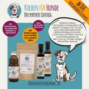 Omega-3-Öl für Hunde in Kombination mit Optimix und Hanföl als ausgewogene Fütterung