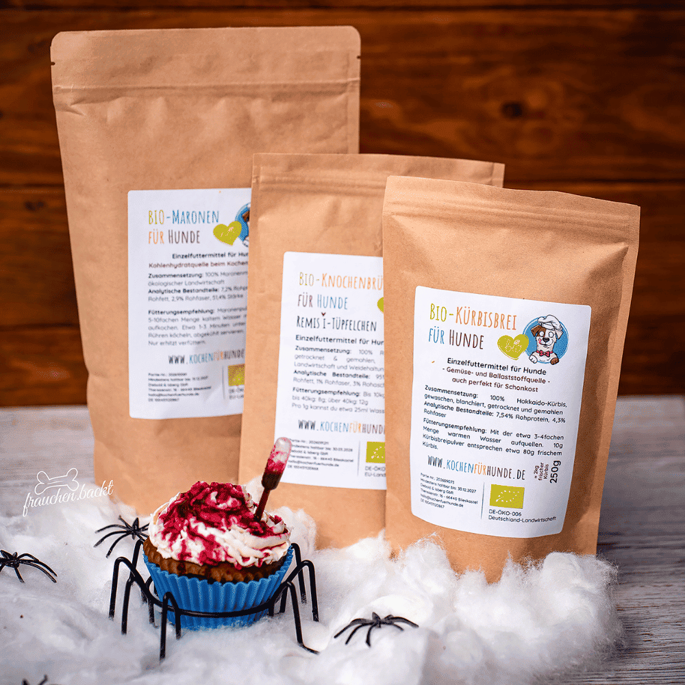 Frauchenbackt-Halloween-Muffins-Rezeptbundle Knochenbruehe Kochen für Hunde